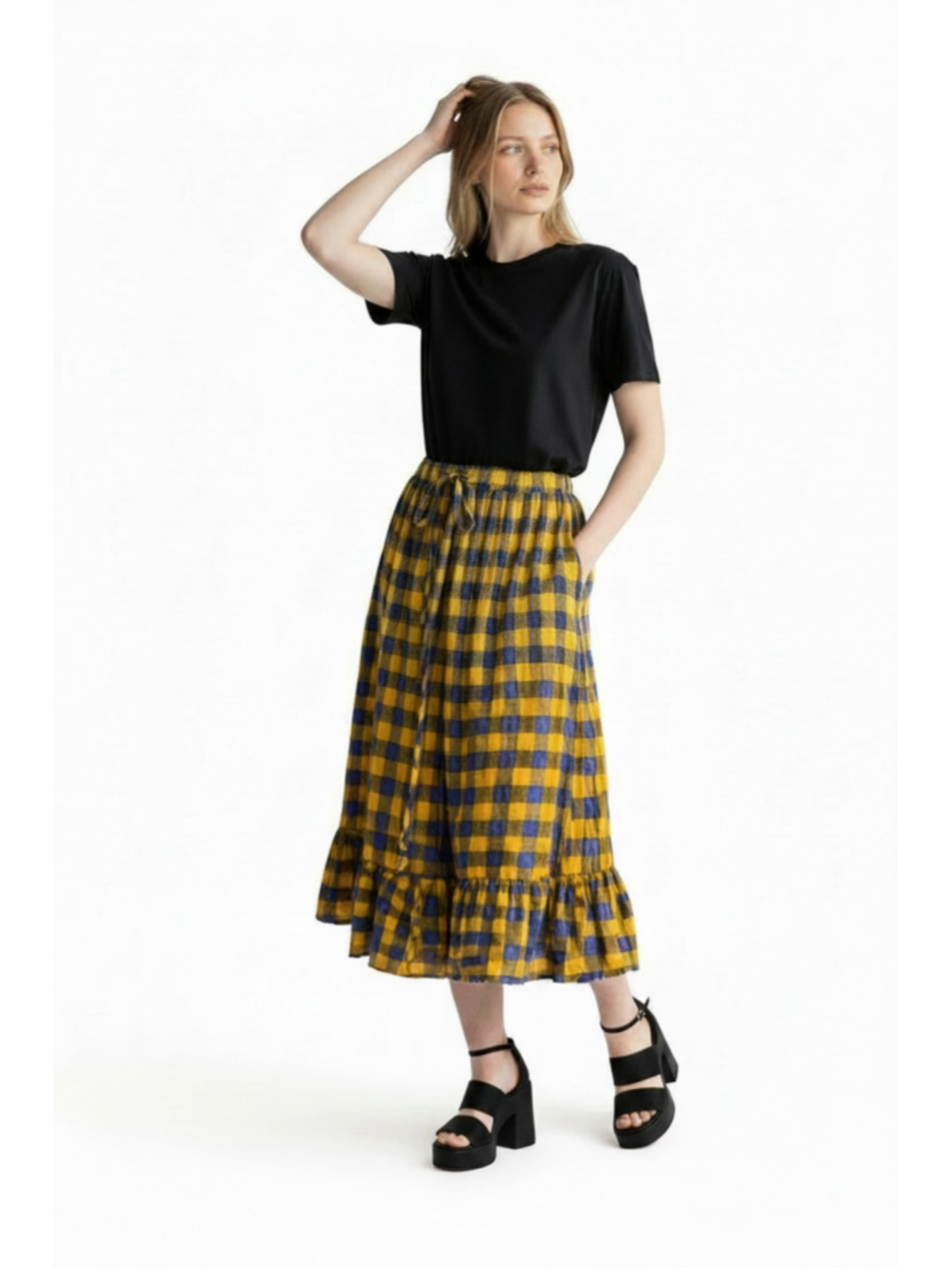 Baum und Pferdgarten Midi Skirt Size L Yellow Blue Gingham Ruffle Hem